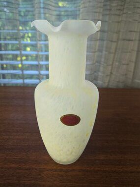 Murano Opaline Confetti Ruffled Rim Vase, VTG Hand Blown Art Glass Italy 8.25"